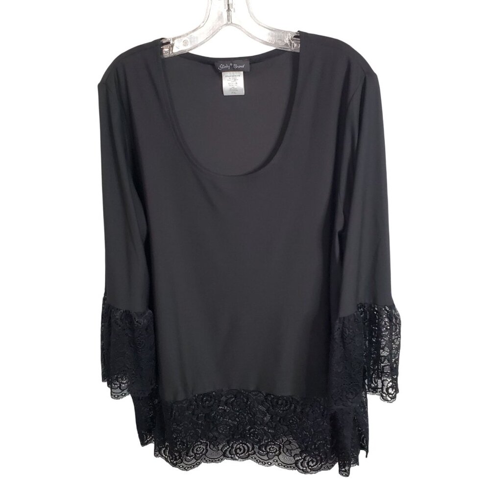 Slinky Brand Size XL Petite Tunic Top Bell Sleeves Lace Trim Witchy Whimsigoth - Picture 2 of 9